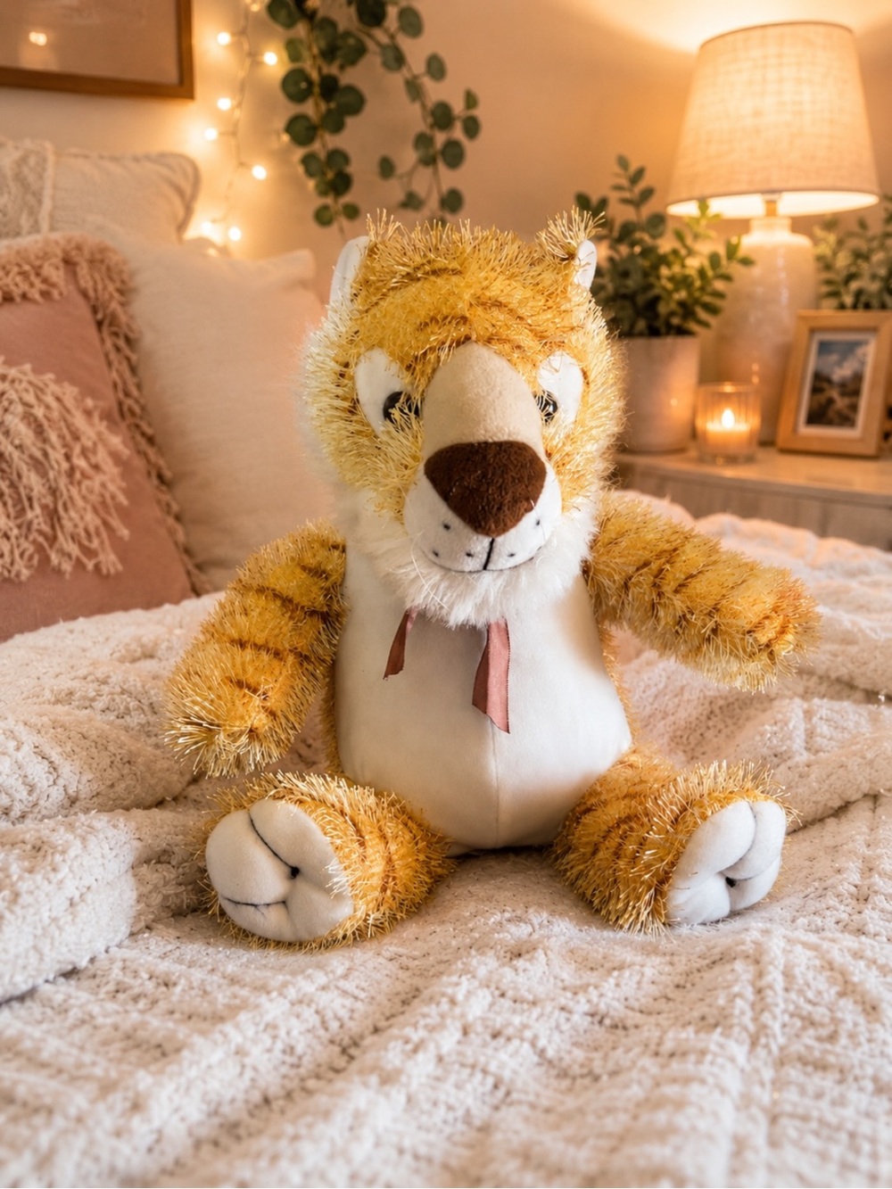 Peek A Boo Tiger Plush Stringy Furry Stuffed Animal Gold White No Tag 10.75”Toy